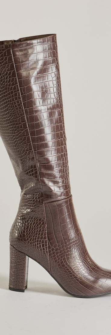 Chic Moment Faux Leather Croc-Embossed Under the Knee Boots