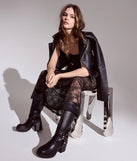 The Chic Edge Under-The-Knee Moto Platform Boots in black brings edge and energy to your vibe, ready to elevate any festival look or concert outfit.