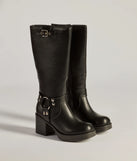 The Chic Edge Under-The-Knee Moto Platform Boots in black brings edge and energy to your vibe, ready to elevate any festival look or concert outfit.