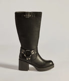 The Chic Edge Under-The-Knee Moto Platform Boots in black brings edge and energy to your vibe, ready to elevate any festival look or concert outfit.