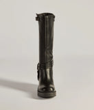 The Chic Edge Under-The-Knee Moto Platform Boots in black brings edge and energy to your vibe, ready to elevate any festival look or concert outfit.