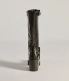 The Chic Edge Under-The-Knee Moto Platform Boots in black brings edge and energy to your vibe, ready to elevate any festival look or concert outfit.