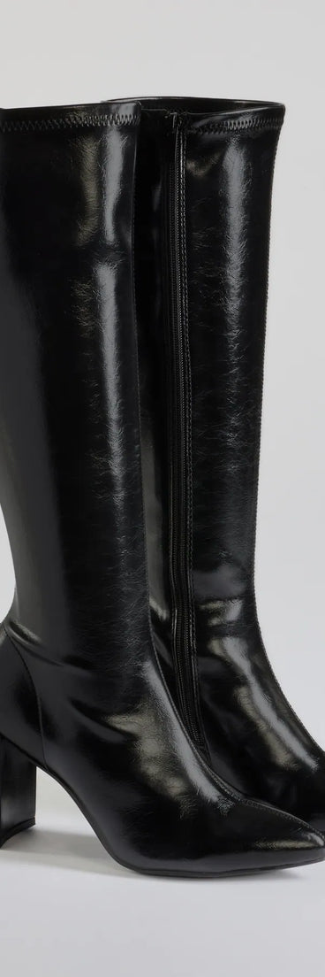Sleek Strut Faux Leather Under-The-Knee Boots, a trendy black addition to women's going-out outfits, is ideal for Christmas party outfits, chic NYE attire, or winter night-out looks that keep you on-trend!