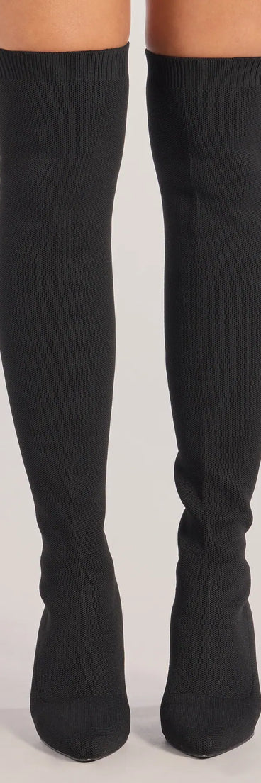 Chic Stride Knit Over-The-Knee Boots, a trendy black addition to women's going-out outfits, is ideal for Christmas party outfits, chic NYE attire, or winter night-out looks that keep you on-trend!