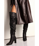 Trendy Strut Faux Leather Over-The-Knee Boots, a trendy black addition to women's going-out outfits, is ideal for Christmas party outfits, chic NYE attire, or winter night-out looks that keep you on-trend!