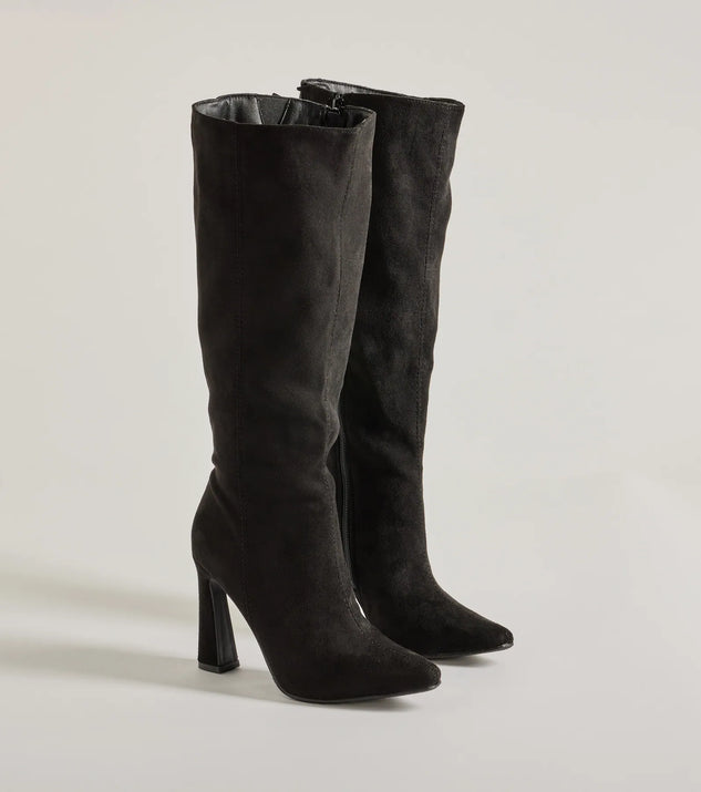 The Chic Element Faux Suede Under-The-Knee Boots are women's black shoes for work, featuring a sleek silhouette and cushioned sole for all-day comfort, and are a trendy choice for professional or business casual outfits.