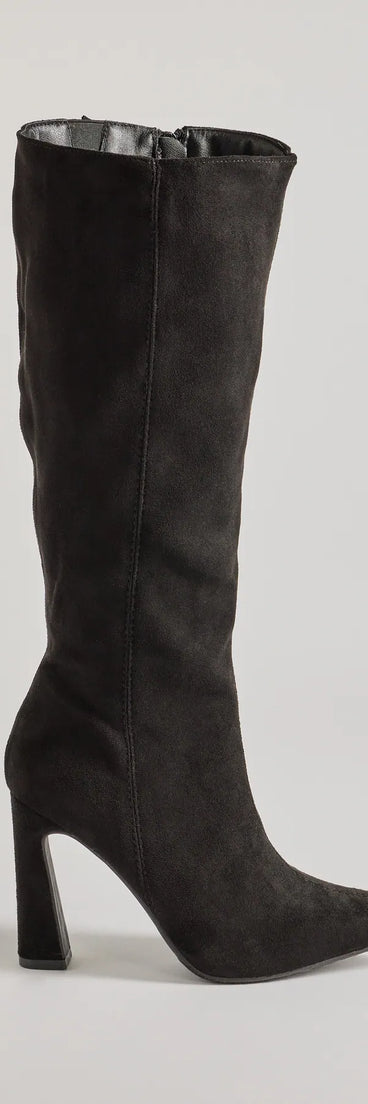 The Chic Element Faux Suede Under-The-Knee Boots are women's black shoes for work, featuring a sleek silhouette and cushioned sole for all-day comfort, and are a trendy choice for professional or business casual outfits.