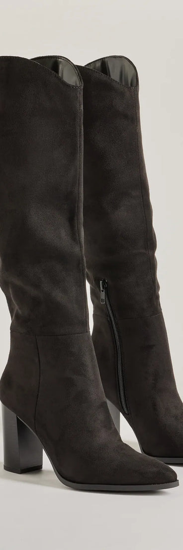 The Chic Statement Faux Suede Knee-High Boots are women's black shoes for work, featuring a sleek silhouette and cushioned sole for all-day comfort, and are a trendy choice for professional or business casual outfits.