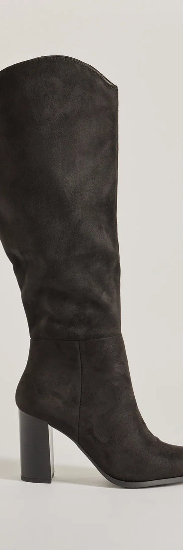 The Chic Statement Faux Suede Knee-High Boots are women's black shoes for work, featuring a sleek silhouette and cushioned sole for all-day comfort, and are a trendy choice for professional or business casual outfits.