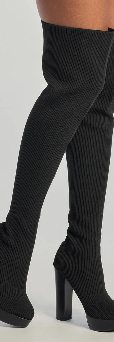 Slay On Thigh-High Ribbed Knit Platform Boots, a trendy black addition to women's going-out outfits, is ideal for Christmas party outfits, chic NYE attire, or winter night-out looks that keep you on-trend!