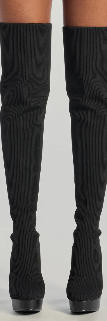 Slay On Thigh-High Ribbed Knit Platform Boots, a trendy black addition to women's going-out outfits, is ideal for Christmas party outfits, chic NYE attire, or winter night-out looks that keep you on-trend!