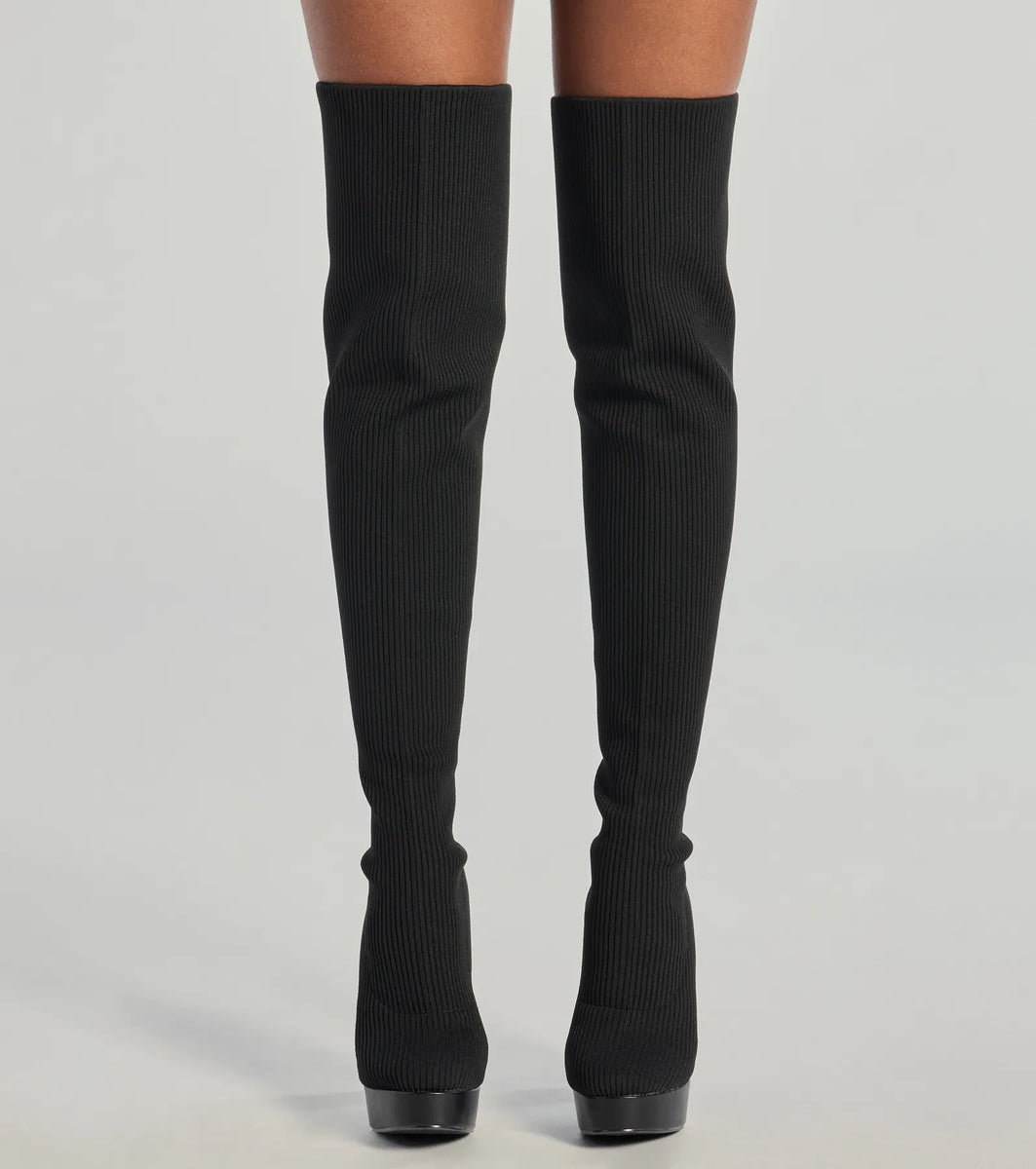Slay On Thigh-High Ribbed Knit Platform Boots & Windsor