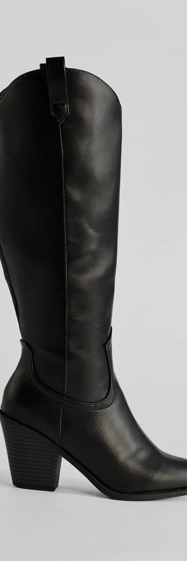 Get inspired with the Western Sleek Knee-High Block Heel Boots, a feed-worthy black piece that’s part of Windsor's updated and curated women’s clothing edit packed with must-have fall outfit ideas.