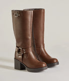 The Chic Edge Under-The-Knee Moto Platform Boots in brown brings edge and energy to your vibe, ready to elevate any festival look or concert outfit.