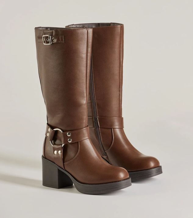 The Chic Edge Under-The-Knee Moto Platform Boots in brown brings edge and energy to your vibe, ready to elevate any festival look or concert outfit.