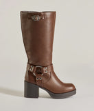 The Chic Edge Under-The-Knee Moto Platform Boots in brown brings edge and energy to your vibe, ready to elevate any festival look or concert outfit.