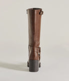 The Chic Edge Under-The-Knee Moto Platform Boots in brown brings edge and energy to your vibe, ready to elevate any festival look or concert outfit.