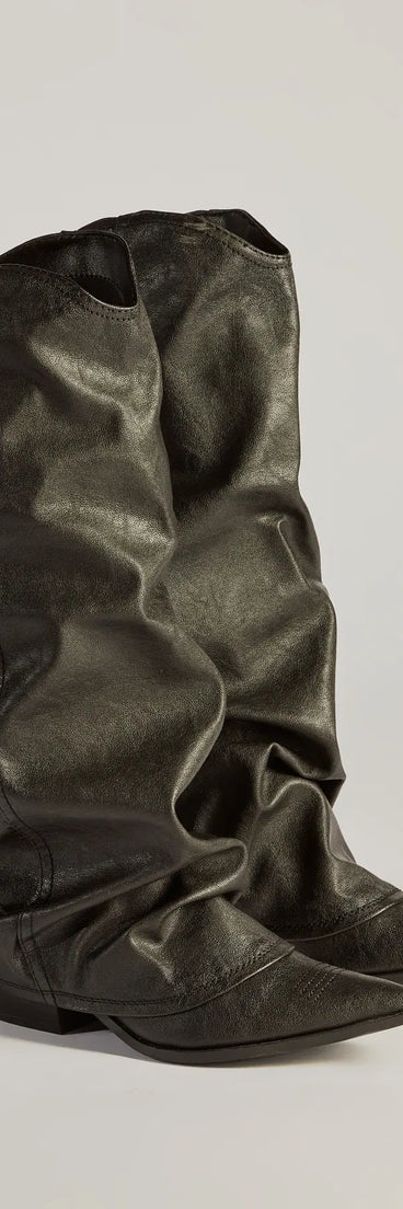 So The Drama Distressed Faux Leather Under-The-Knee Boots, a trendy black addition to women's going-out outfits, is ideal for Christmas party outfits, chic NYE attire, or winter night-out looks that keep you on-trend!