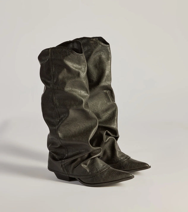 So The Drama Distressed Faux Leather Under-The-Knee Boots, a trendy black addition to women's going-out outfits, is ideal for Christmas party outfits, chic NYE attire, or winter night-out looks that keep you on-trend!