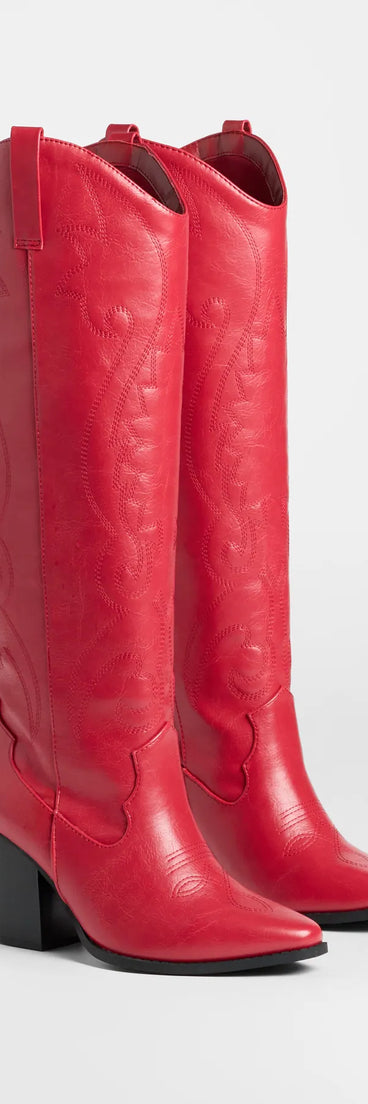 The Best In The West Under-The-Knee Cowboy Boots in red brings edge and energy to your vibe, ready to elevate any festival look or concert outfit.