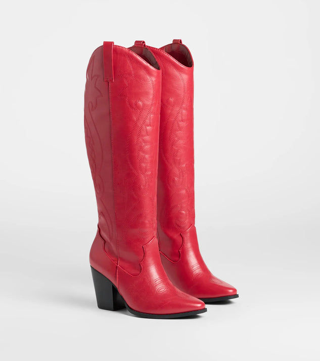 The Best In The West Under-The-Knee Cowboy Boots in red brings edge and energy to your vibe, ready to elevate any festival look or concert outfit.