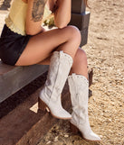 The Edgy Western Vibe Studded Cowboy Boots in white brings edge and energy to your vibe, ready to elevate any festival look or concert outfit.