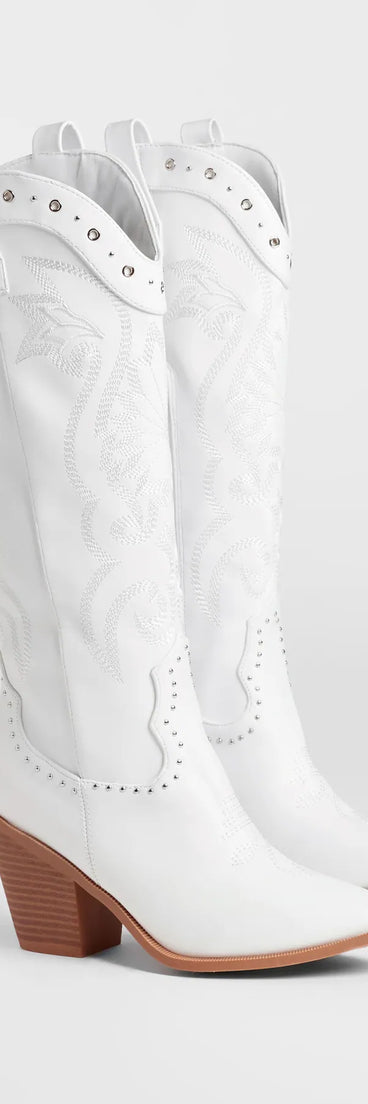 The Edgy Western Vibe Studded Cowboy Boots in white brings edge and energy to your vibe, ready to elevate any festival look or concert outfit.