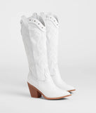The Edgy Western Vibe Studded Cowboy Boots in white brings edge and energy to your vibe, ready to elevate any festival look or concert outfit.