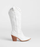 The Edgy Western Vibe Studded Cowboy Boots in white brings edge and energy to your vibe, ready to elevate any festival look or concert outfit.