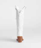 The Edgy Western Vibe Studded Cowboy Boots in white brings edge and energy to your vibe, ready to elevate any festival look or concert outfit.