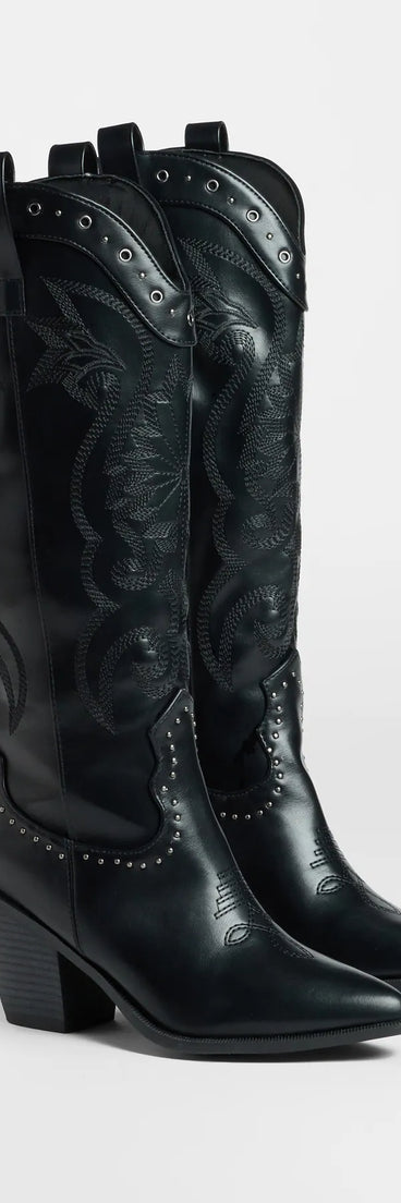 The Back In The West Studded Cowboy Boots in black brings edge and energy to your vibe, ready to elevate any festival look or concert outfit.