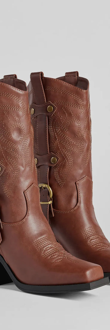 The Homestead Chic Western Faux Leather Boots in brown brings edge and energy to your vibe, ready to elevate any festival look or concert outfit.