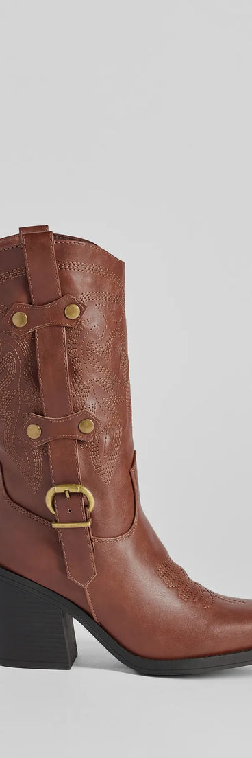 The Homestead Chic Western Faux Leather Boots in brown brings edge and energy to your vibe, ready to elevate any festival look or concert outfit.