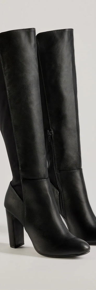 Looking Sleek Under-The-Knee Block Heel Boots, a trendy black addition to women's going-out outfits, is ideal for Christmas party outfits, chic NYE attire, or winter night-out looks that keep you on-trend!