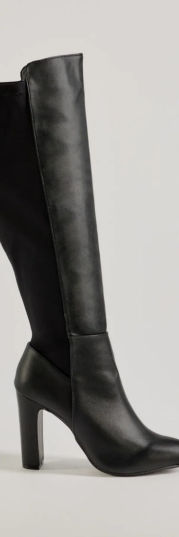 Looking Sleek Under-The-Knee Block Heel Boots, a trendy black addition to women's going-out outfits, is ideal for Christmas party outfits, chic NYE attire, or winter night-out looks that keep you on-trend!