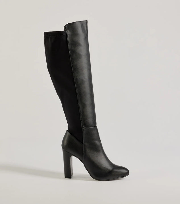 Looking Sleek Under-The-Knee Block Heel Boots, a trendy black addition to women's going-out outfits, is ideal for Christmas party outfits, chic NYE attire, or winter night-out looks that keep you on-trend!