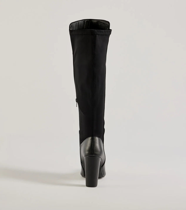 Looking Sleek Under-The-Knee Block Heel Boots, a trendy black addition to women's going-out outfits, is ideal for Christmas party outfits, chic NYE attire, or winter night-out looks that keep you on-trend!