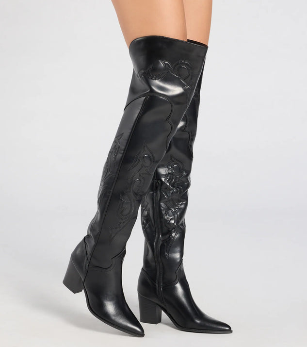 The Sleek Western Vibe Thigh High Cowboy Boots in black brings edge and energy to your vibe, ready to elevate any festival look or concert outfit.