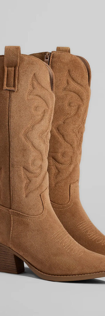 The Country Threads Western Microsuede Cowboy Boots in camel brown brings edge and energy to your vibe, ready to elevate any festival look or concert outfit.