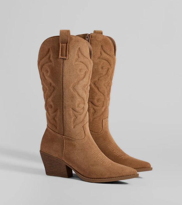 The Country Threads Western Microsuede Cowboy Boots in camel brown brings edge and energy to your vibe, ready to elevate any festival look or concert outfit.