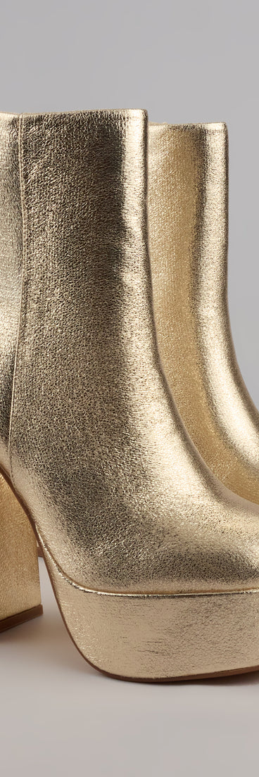 This piece brings trend-right energy to the Disco Fever Metallic Platform Booties, perfect for fall outfits that stand out.