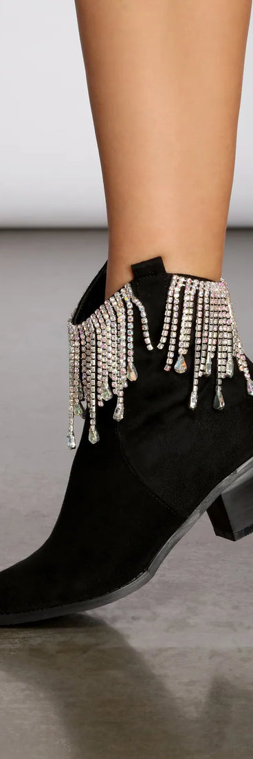 Black Rhinestone Cowgirl Fringe Booties