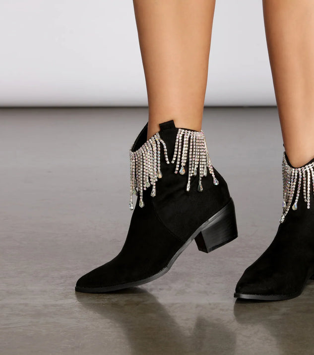 Black Rhinestone Cowgirl Fringe Booties