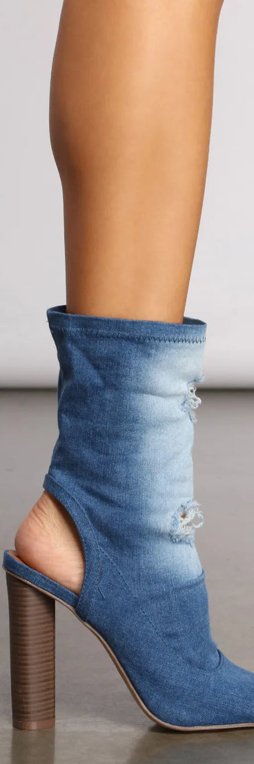 Distressed Denim Block Heel Booties