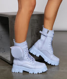 Faux Leather Lug Boots With Pocket