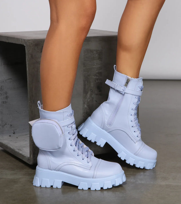 Faux Leather Lug Boots With Pocket