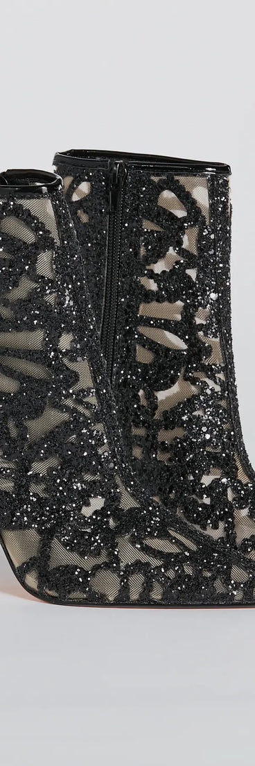 Glamorous Energy Glitter Mesh Stiletto Booties