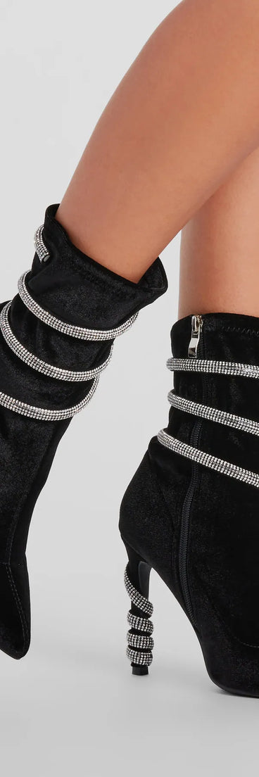 Looking Iconic Rhinestone Spiral Strap Stiletto Booties