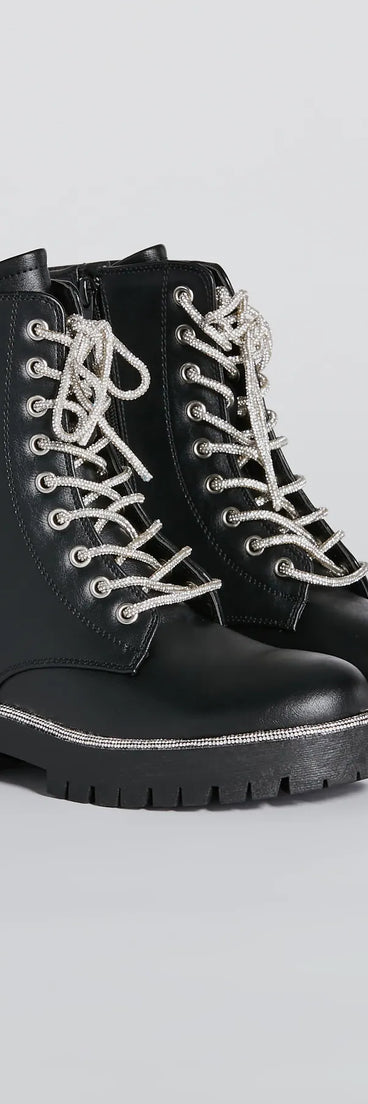 Glam Rockstar Rhinestone Lace-Up Combat Boots