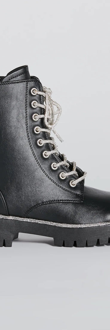 Glam Rockstar Rhinestone Lace-Up Combat Boots